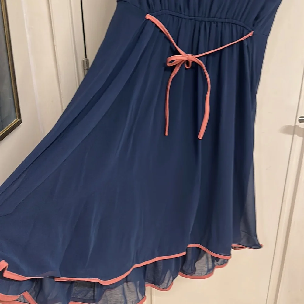 NWT Dress in Blue & Pink with lining, stretch, double frill, belt! Size UK M/L - Picture 10 of 14